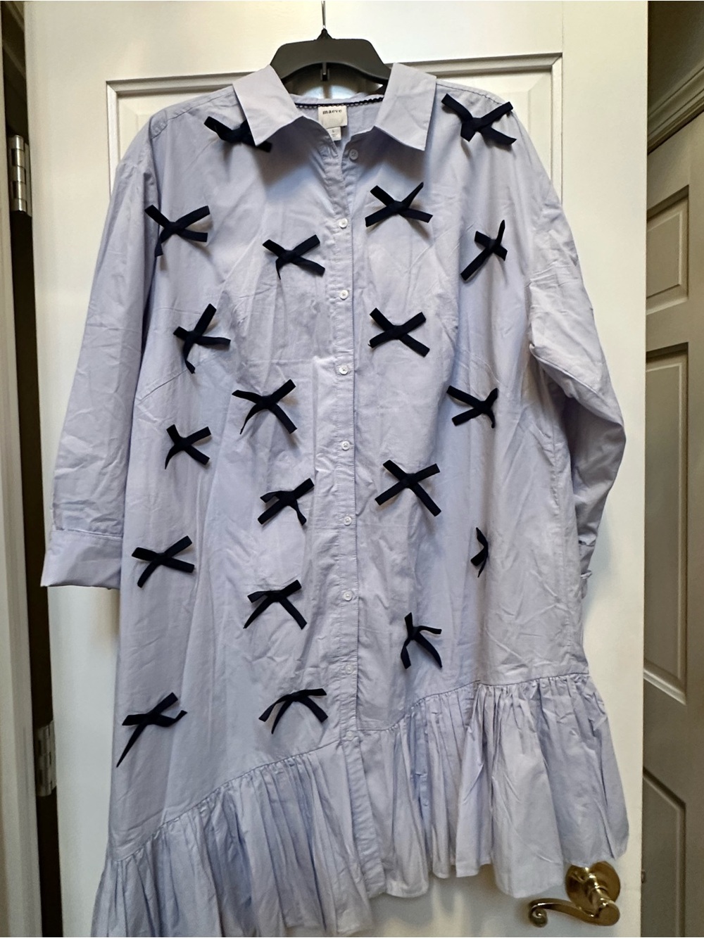 Maeve by Anthropologie Light Blue Button-Front Mini Dress with Navy Bow Accents